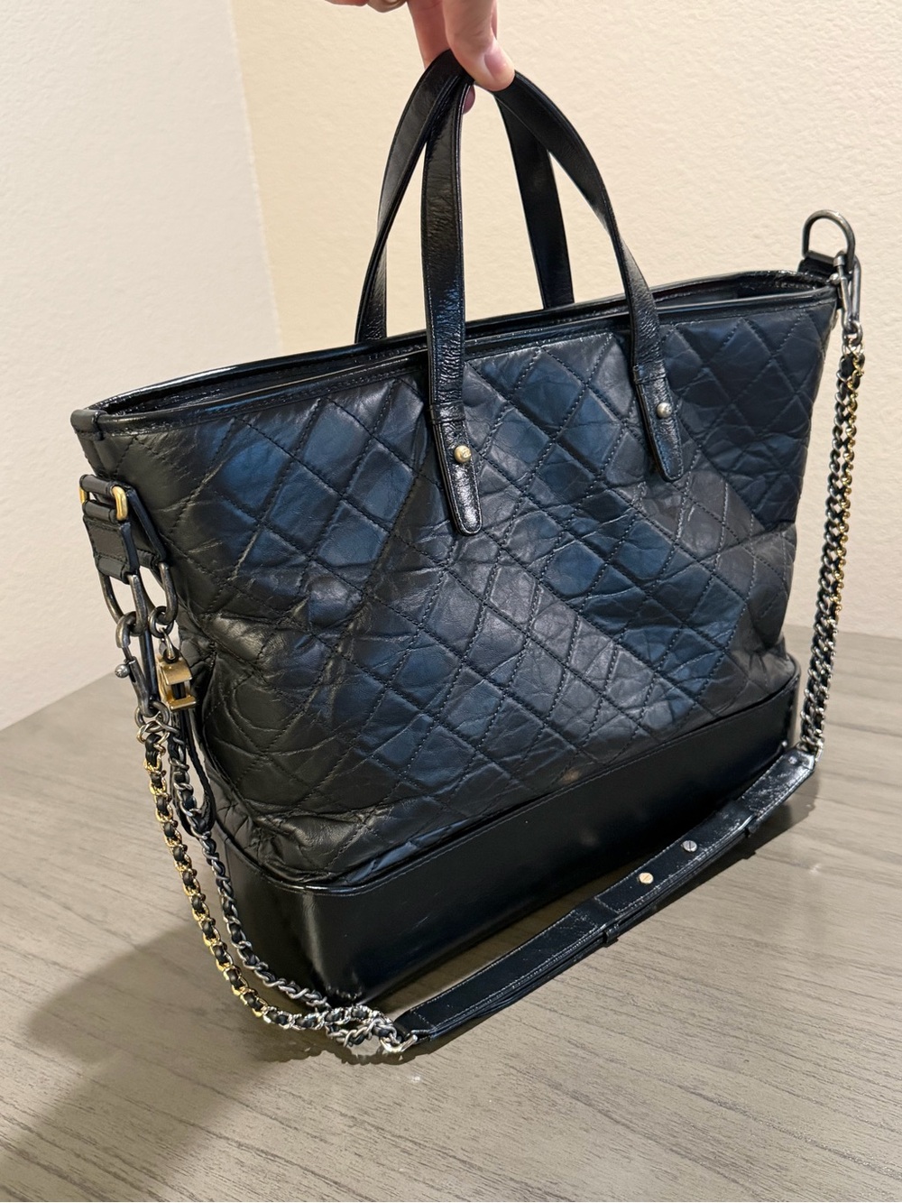 CHANEL Gabrielle Black Calfskin Leather Quilted Large Bag